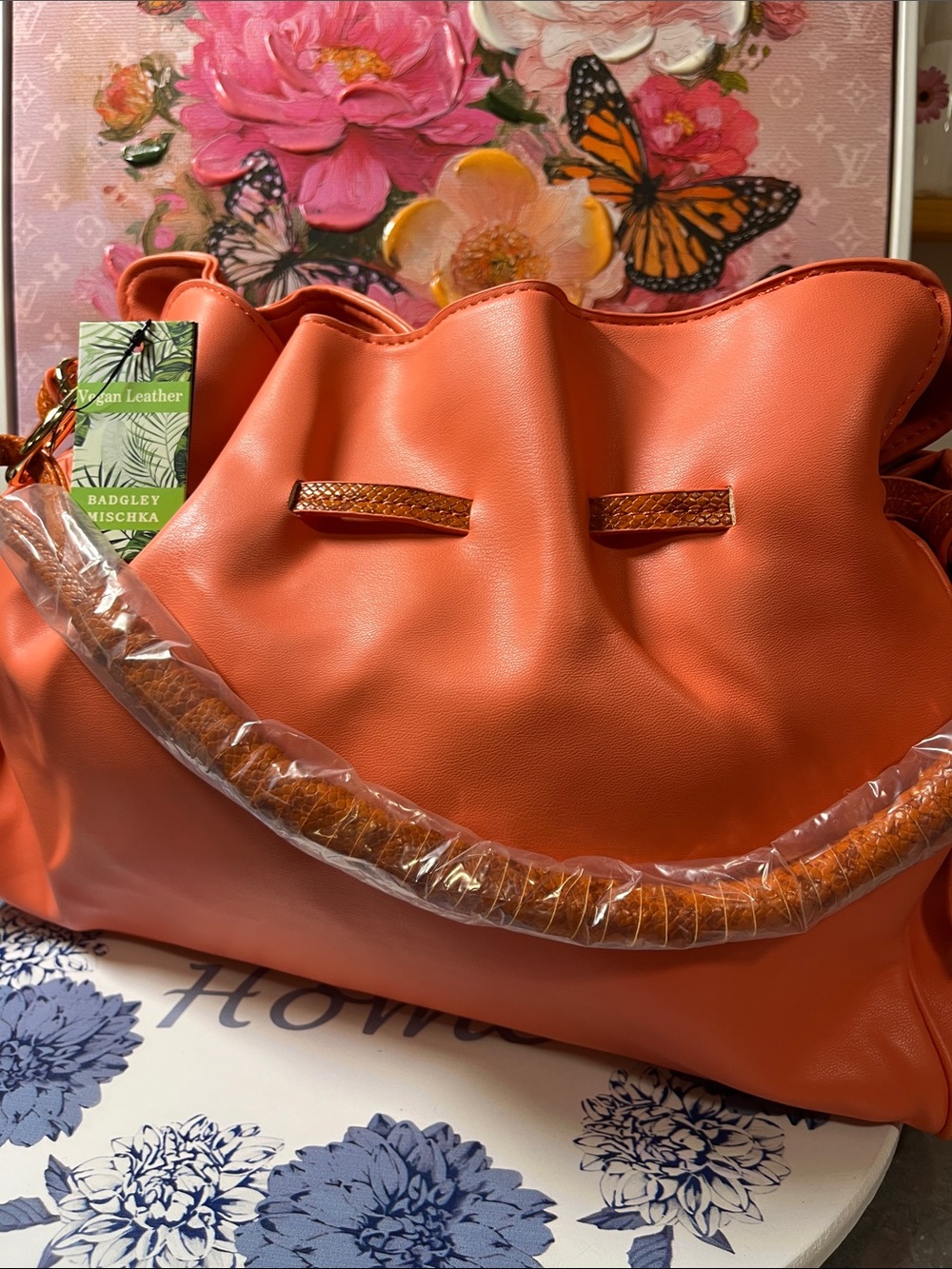 Badgley Mischka Coral-Orange Vegan Leather Shoulder /Crossbody w snake skin trim